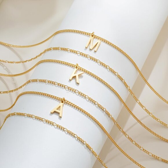 Trendy 14K Gold Initial Necklace with Cuban & Figaro Chains - Women’s Jewelry - Picture 4 of 6